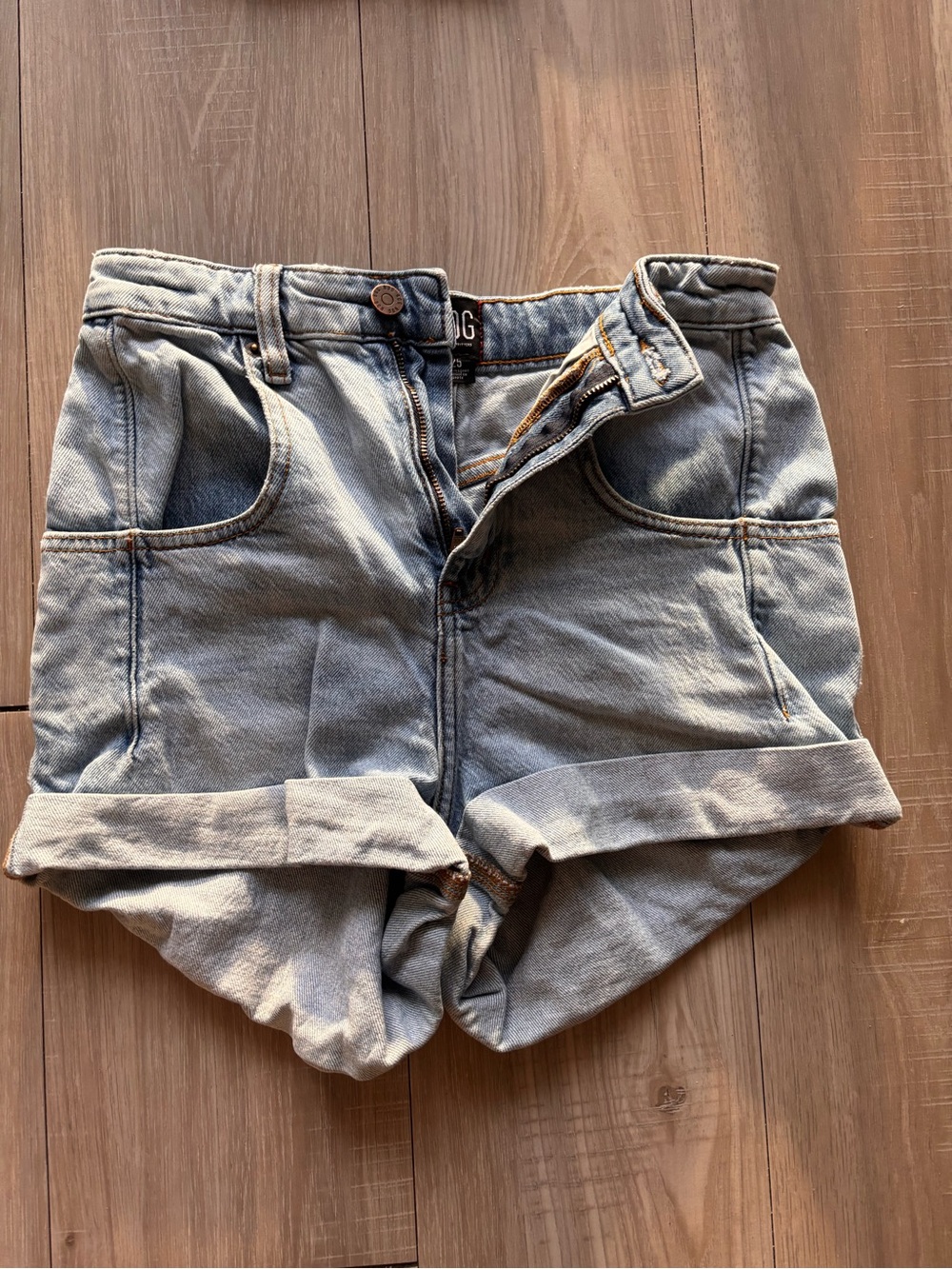 BDG Light Blue High-Waist Rolled Hem Jean Shorts